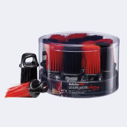 BaBylissPRO Barberology neck duster brushes, 12-unit counter display — clear tub packed with red and black dusters, two staged in front