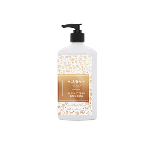 Aluram Pumpkin Spice Body Lotion — 532 ml pump bottle close view, seasonal gold pattern label, white background