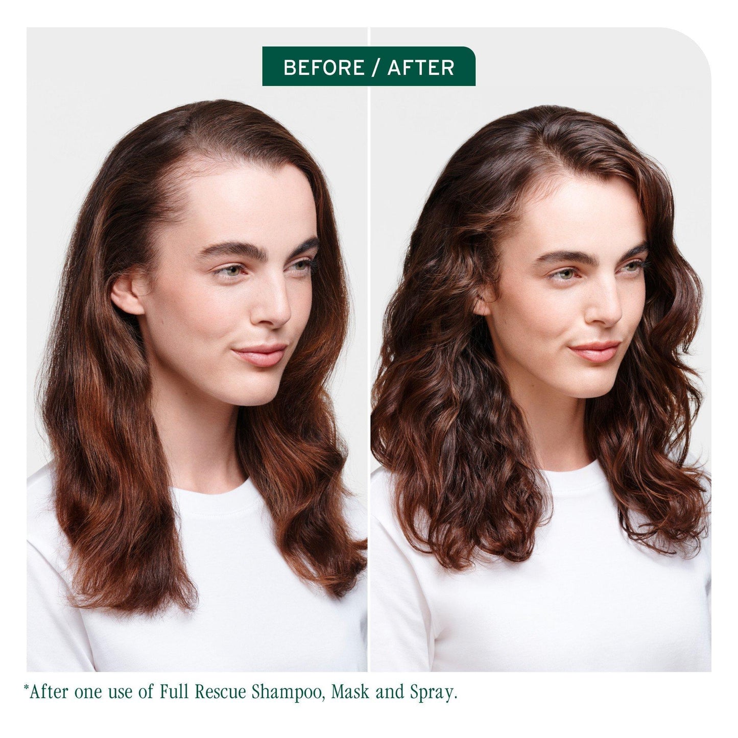 Biolage Full Rescue Densifying Leave-In Spray — before and after one use — visibly fuller, thicker-looking hair