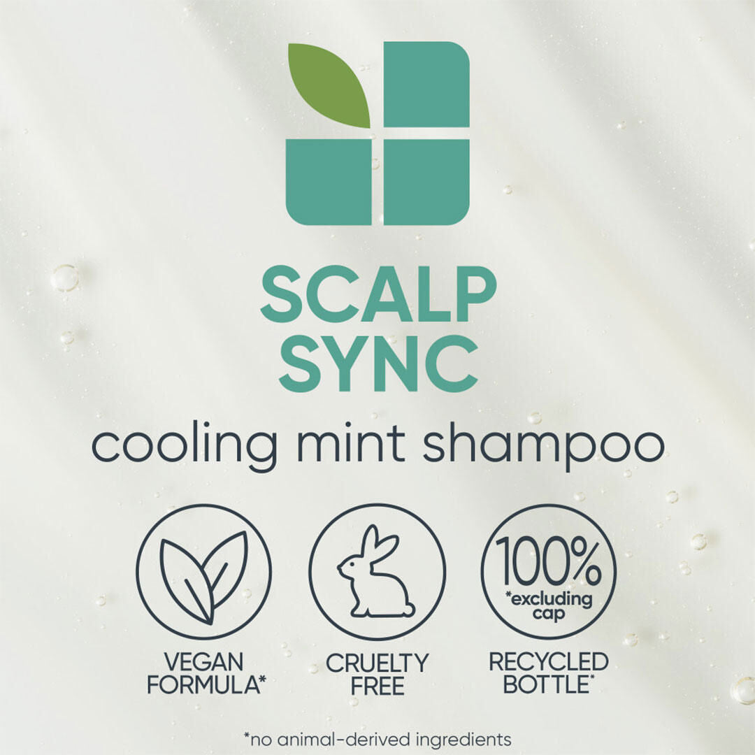 Biolage ScalpSync Cool Mint Shampoo — vegan formula, cruelty free, 100% recycled bottle
