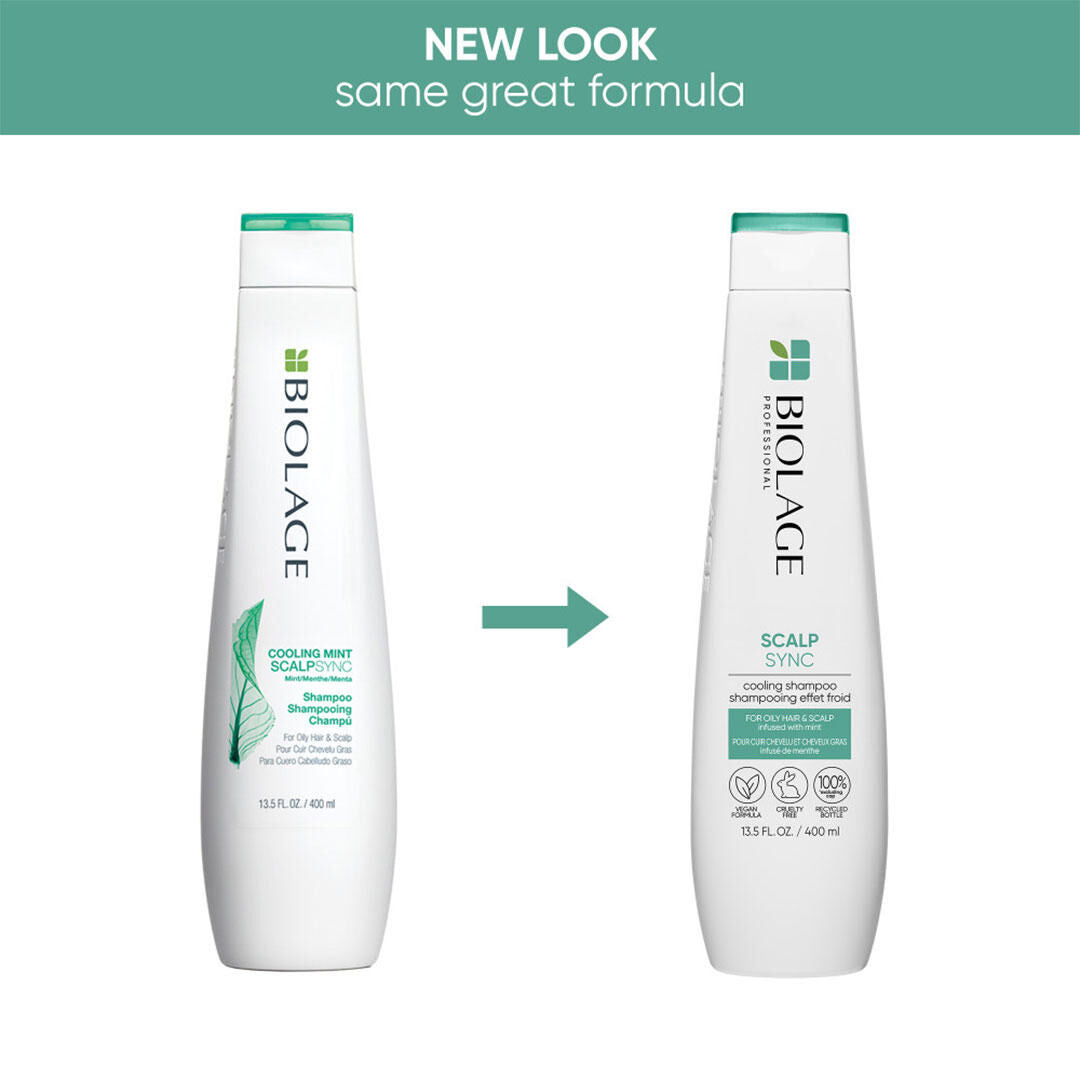 Biolage ScalpSync Cool Mint Shampoo — new look, same formula: old and new bottle side by side