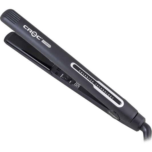CROC Hybrid titanium 1" flat iron in black — plates open, showing the CROC Hybrid handle branding, on white