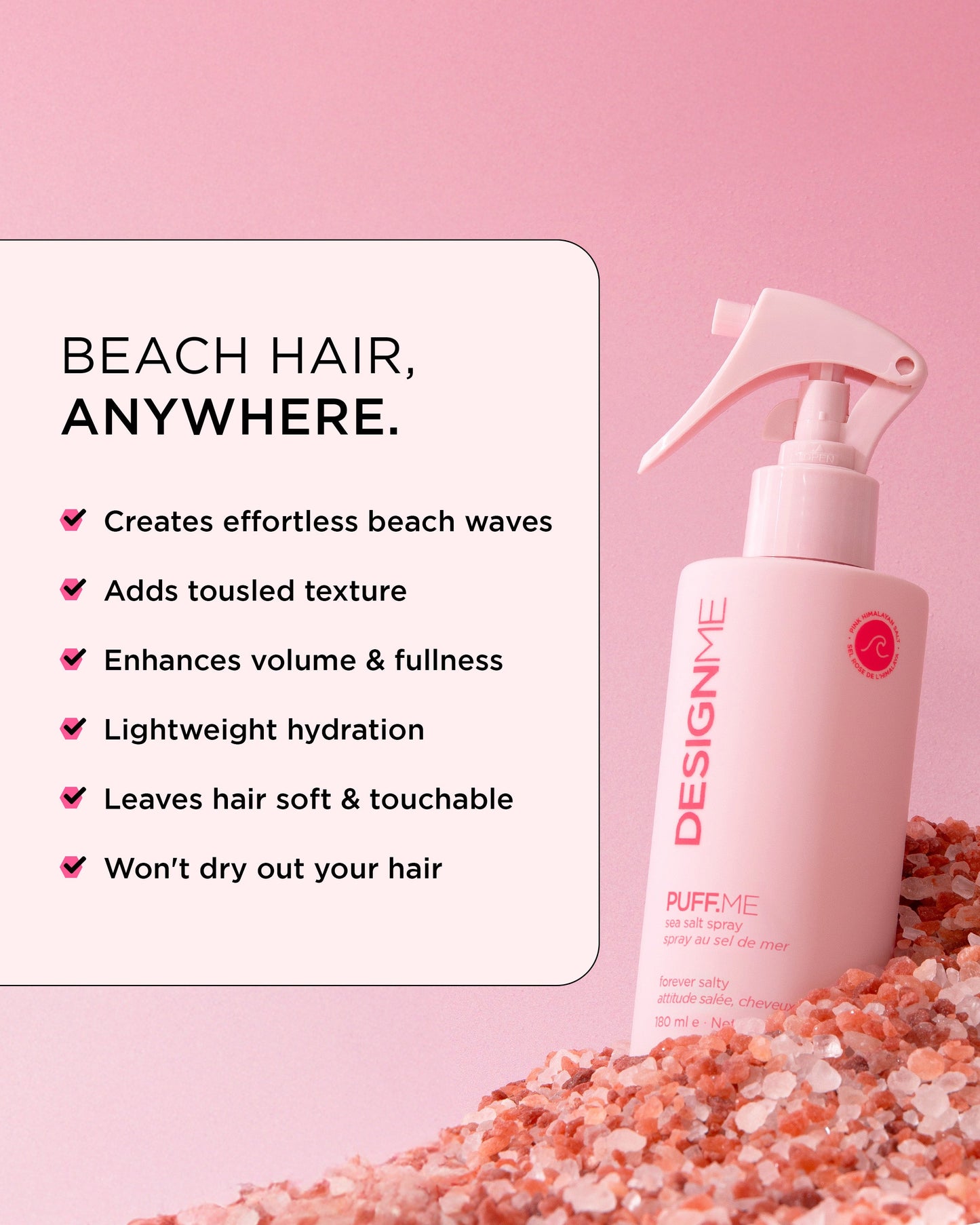 Design.Me Puff.Me Sea Salt Spray – Pink Himalayan Salt Beach Waves, Never Drying