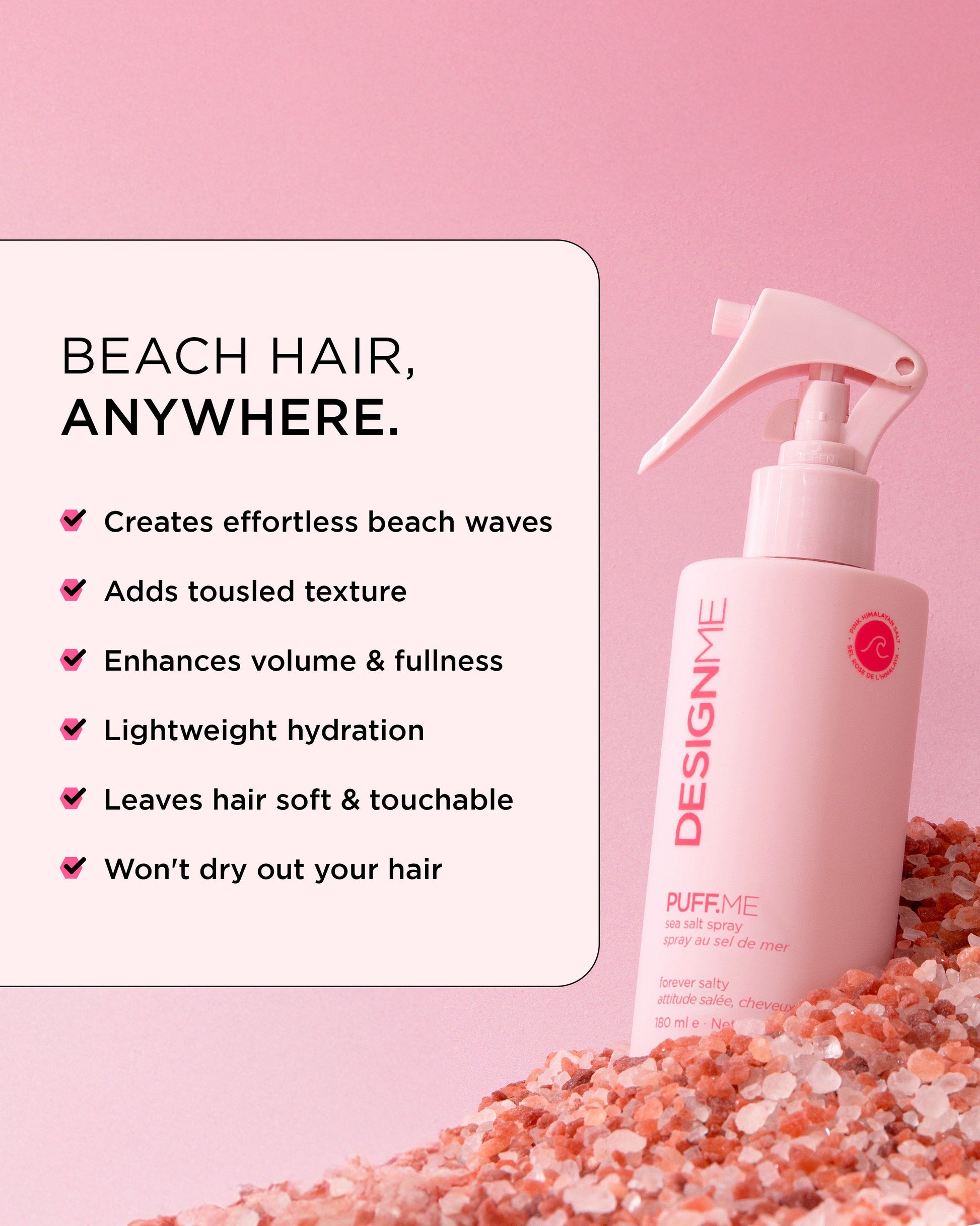Design.Me Puff.Me Sea Salt Spray – Pink Himalayan Salt Beach Waves, Never Drying