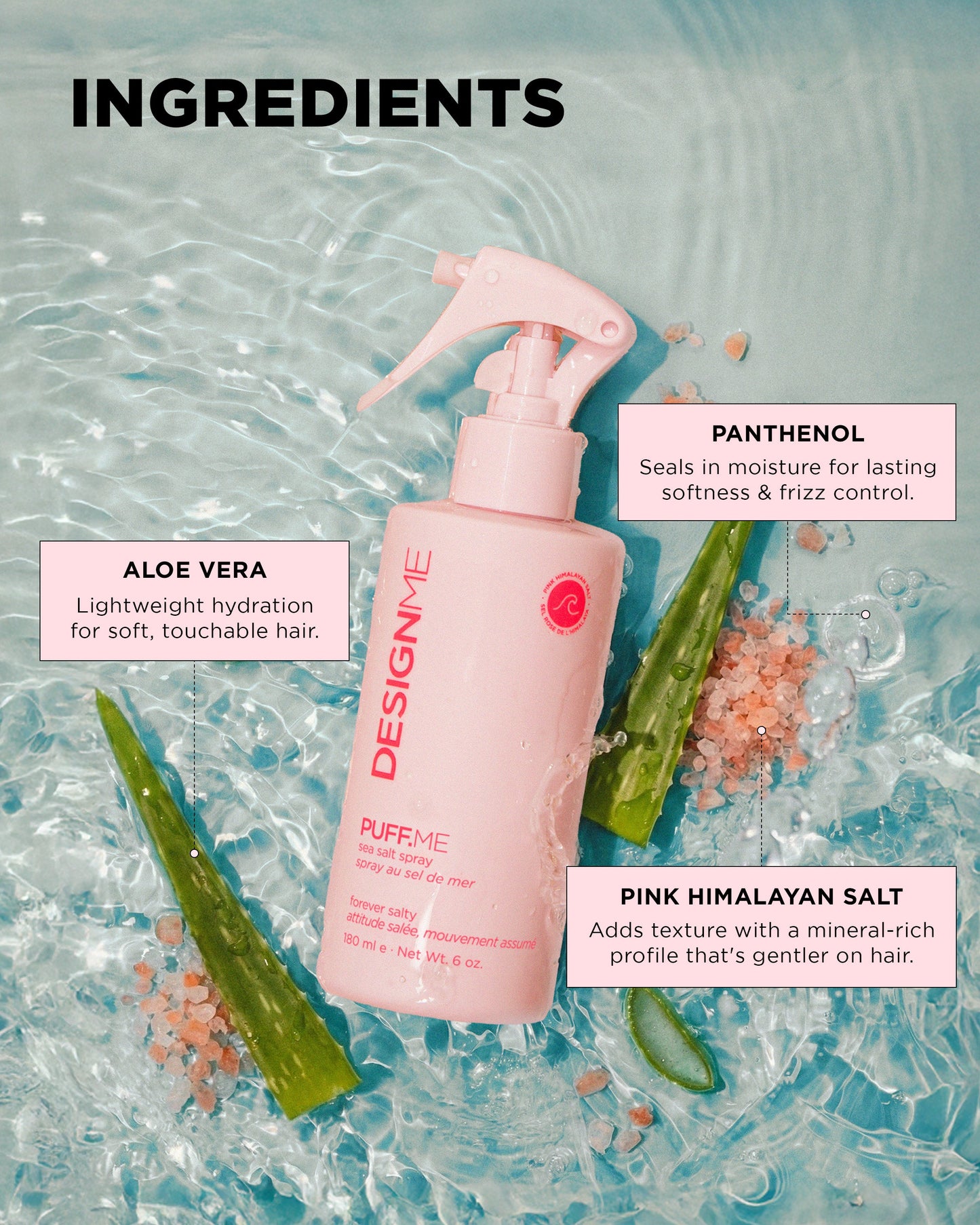 Design.Me Puff.Me Sea Salt Spray – Pink Himalayan Salt Beach Waves, Never Drying