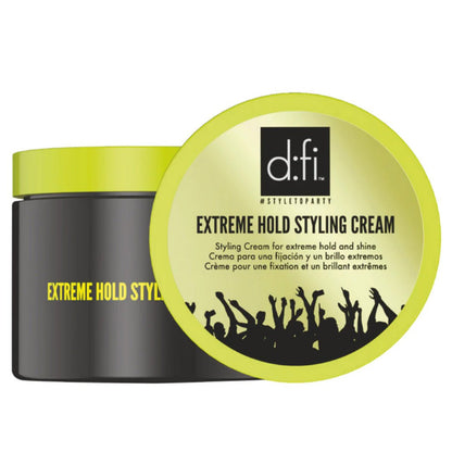 D:Fi Extreme Hold Styling Cream — black jar shown beside the lime-green lid face reading Extreme Hold Styling Cream, on white