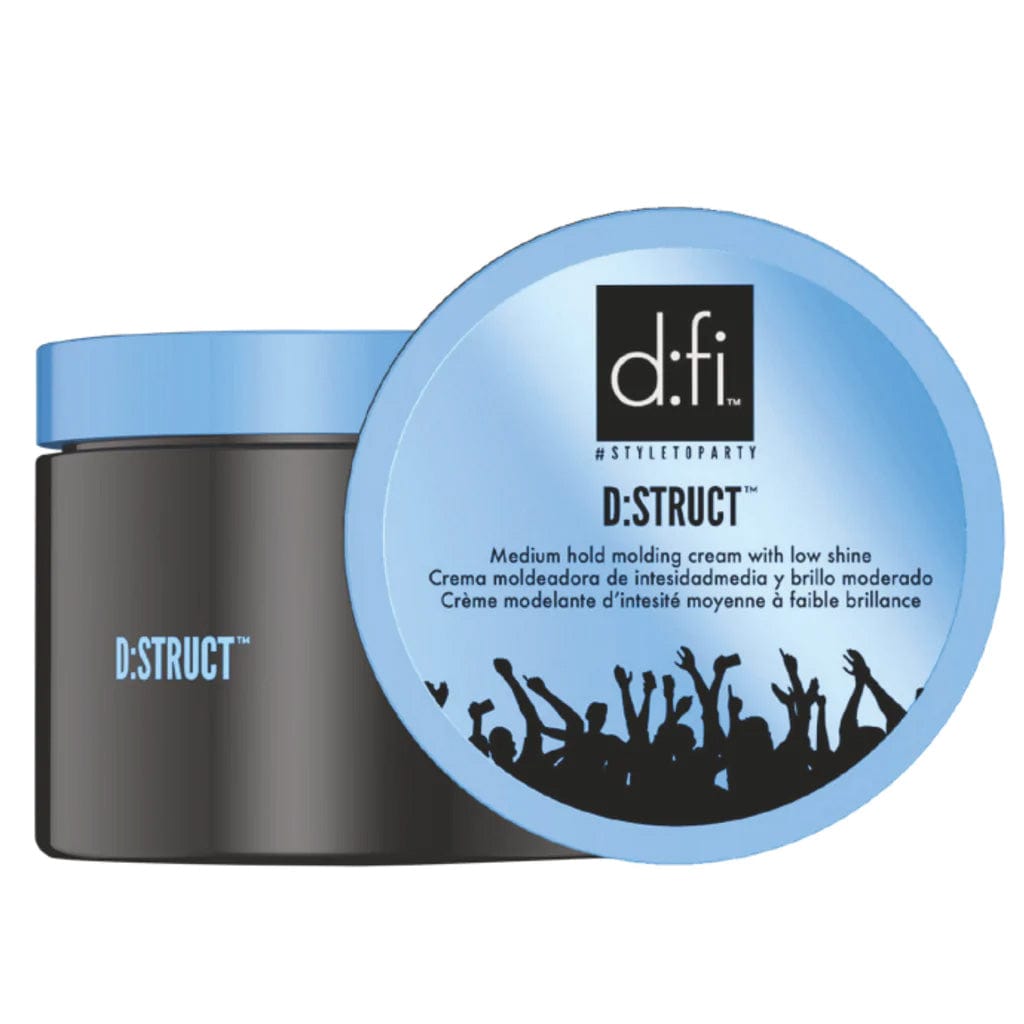 D:Fi D:Struct Molding Cream — black jar shown beside the blue lid face carrying the d:fi mark and the trilingual medium-hold claim