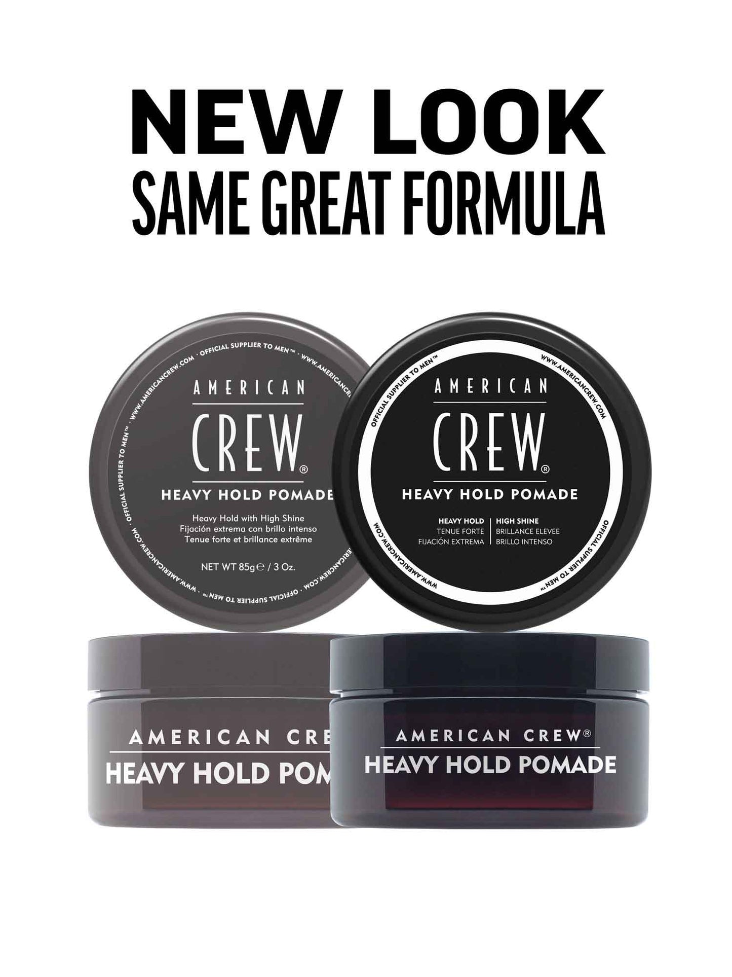 American Crew Heavy Hold Pomade — new-look packaging card showing the current 85 g / 3 Oz tub beside the previous livery