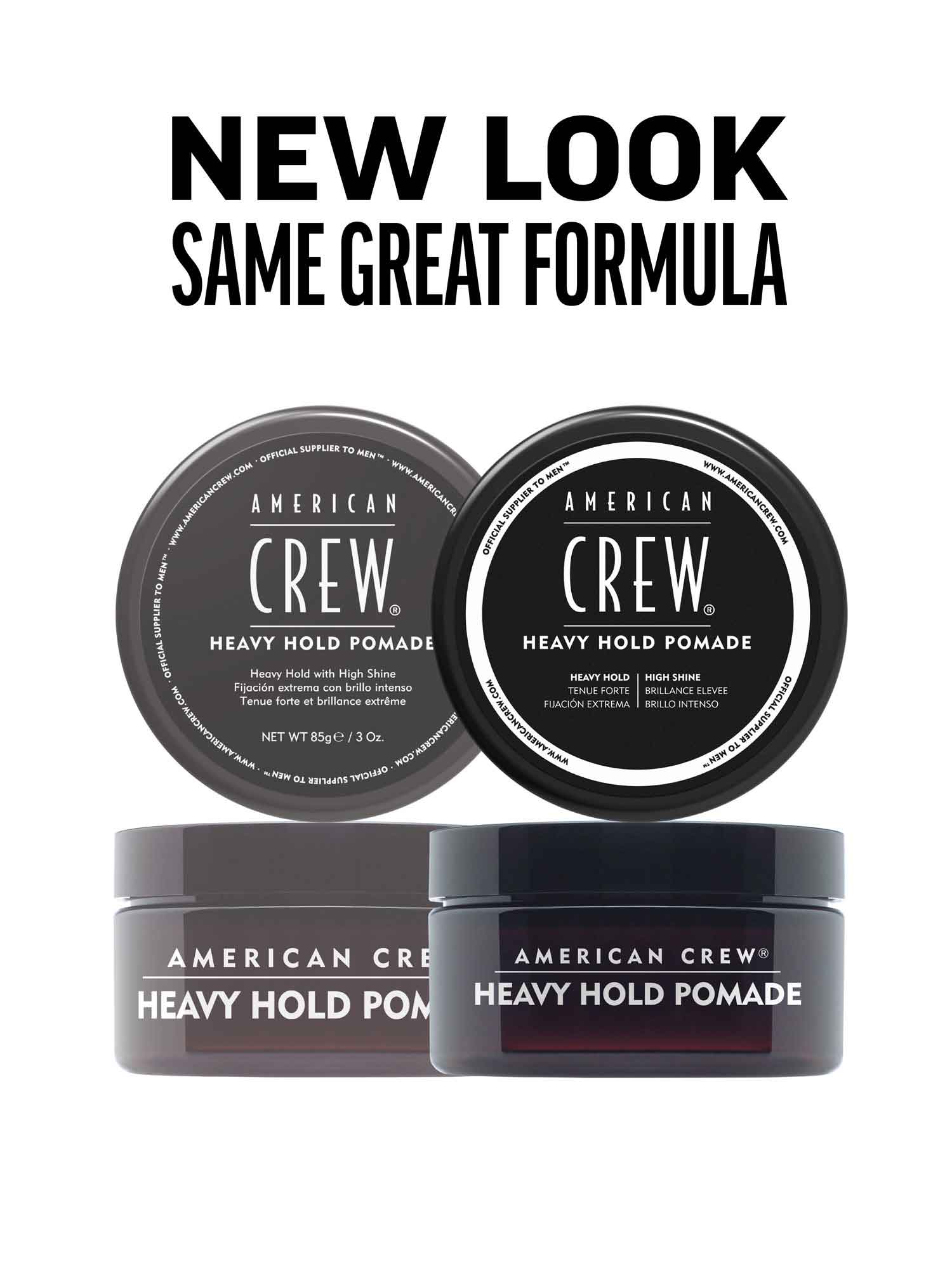 American Crew Heavy Hold Pomade — new-look packaging card showing the current 85 g / 3 Oz tub beside the previous livery