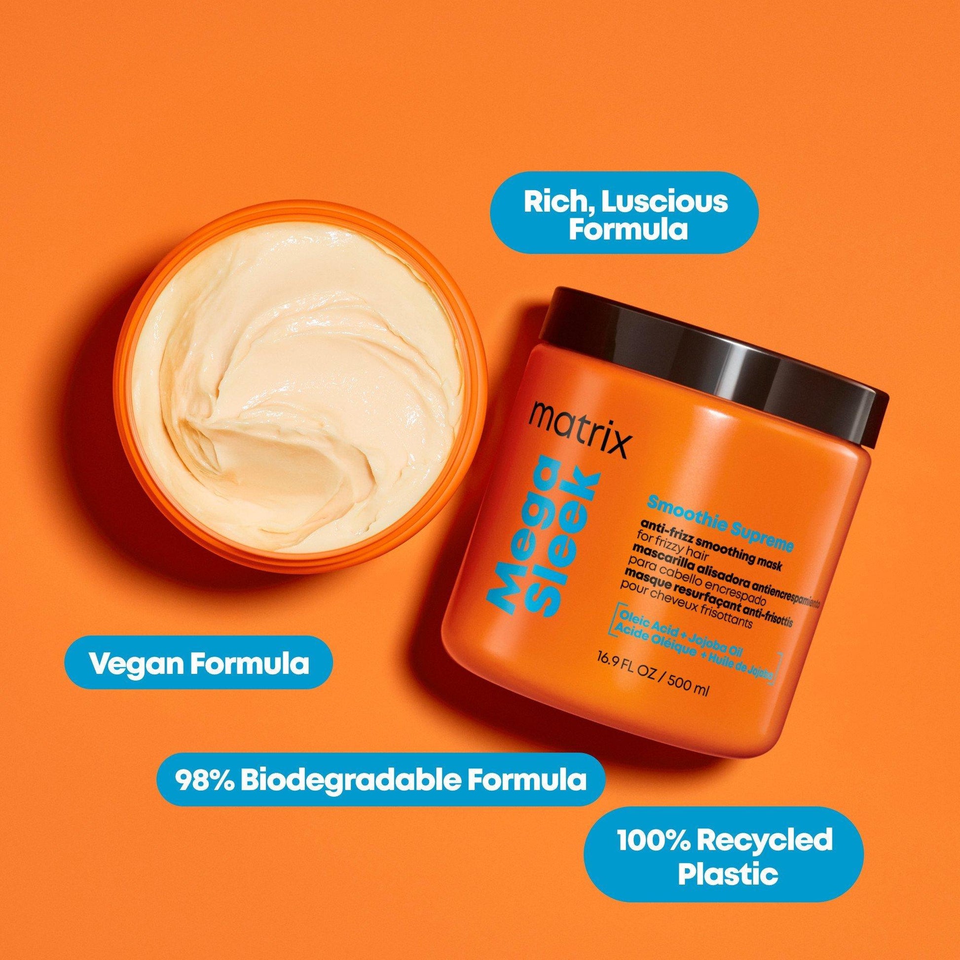 Matrix Mega Sleek Smoothie Supreme Mask — open jar showing the rich whipped texture, vegan and recycled-plastic claims