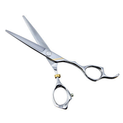 Otto 6-inch Professional Haircutting Shears — blades open on plain white, showing the straight convex cutting blade and the gold-accented 3D-offset handle