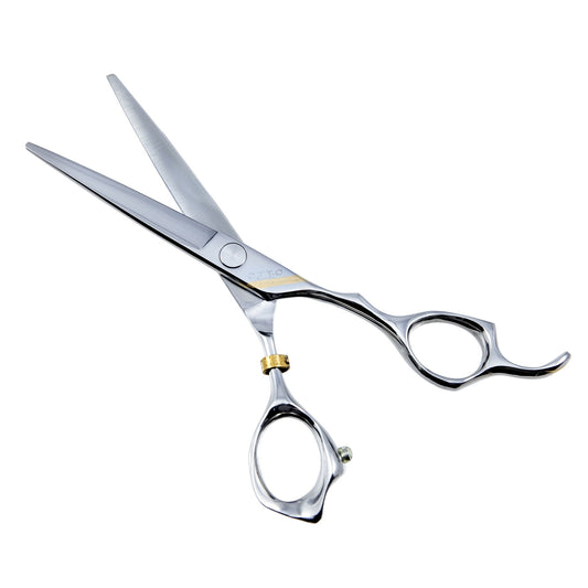 Otto 6-inch Professional Haircutting Shears — blades open on plain white, showing the straight convex cutting blade and the gold-accented 3D-offset handle