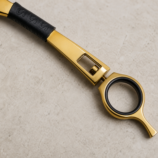 Detail of the Otto gold haircutting razor grip, hinge and finger ring