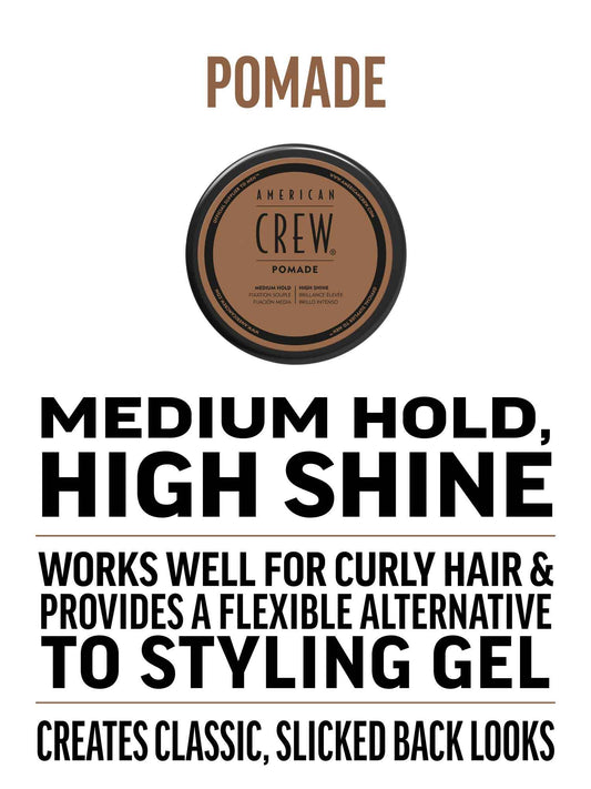 American Crew Pomade — benefits card: medium hold, high shine, works well for curly hair, creates classic slicked-back looks