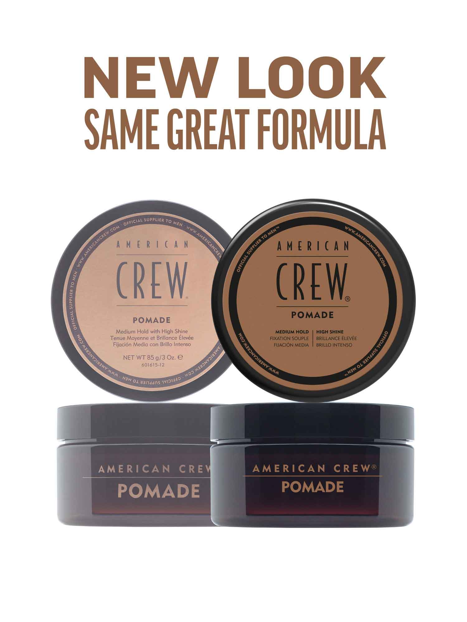 American Crew Pomade — new-look packaging card showing the current 85 g / 3 Oz tub beside the previous livery