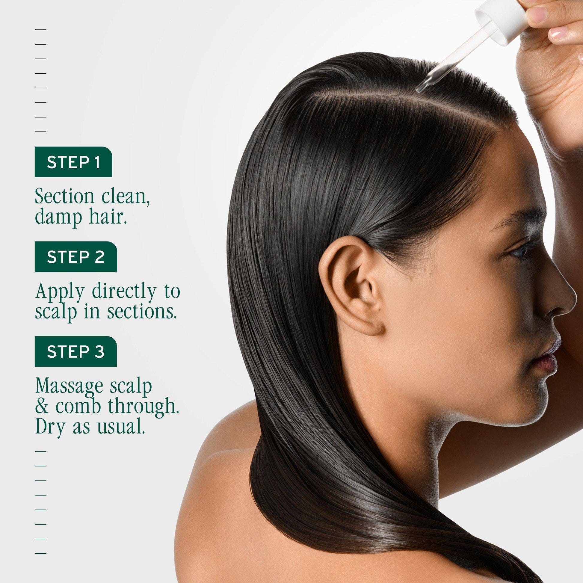 Three-step how-to for applying Biolage Scalp Sync Oil Balancing Serum to the scalp