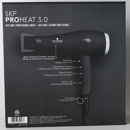 SCHWARZKOPF SKP HAIRDRYER PROHEAT 3.0 1875WATTS — retail box panel listing the 1875 W motor, cool shot, 3 temperature and 2 speed controls, ion on/off and 2.8 m cord
