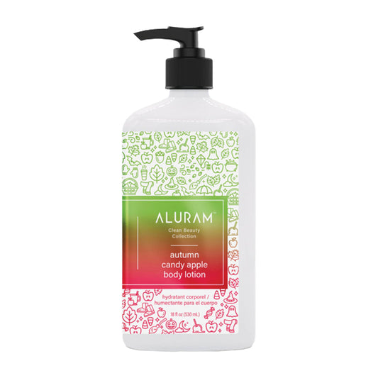 Aluram Autumn Candy Apple Body Lotion — 532 ml pump bottle close view, autumn candy apple label, white background