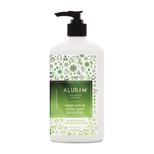 Aluram Sweet Pear Winter Spice Body Lotion — 530 ml pump bottle close view, sweet pear and winter spice label, white background