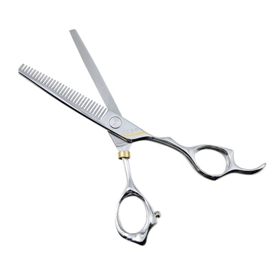 Otto 6-inch Texturizing & Thinning Shears — blades open on plain white, showing the toothed thinning blade and the gold-accented 3D-offset handle