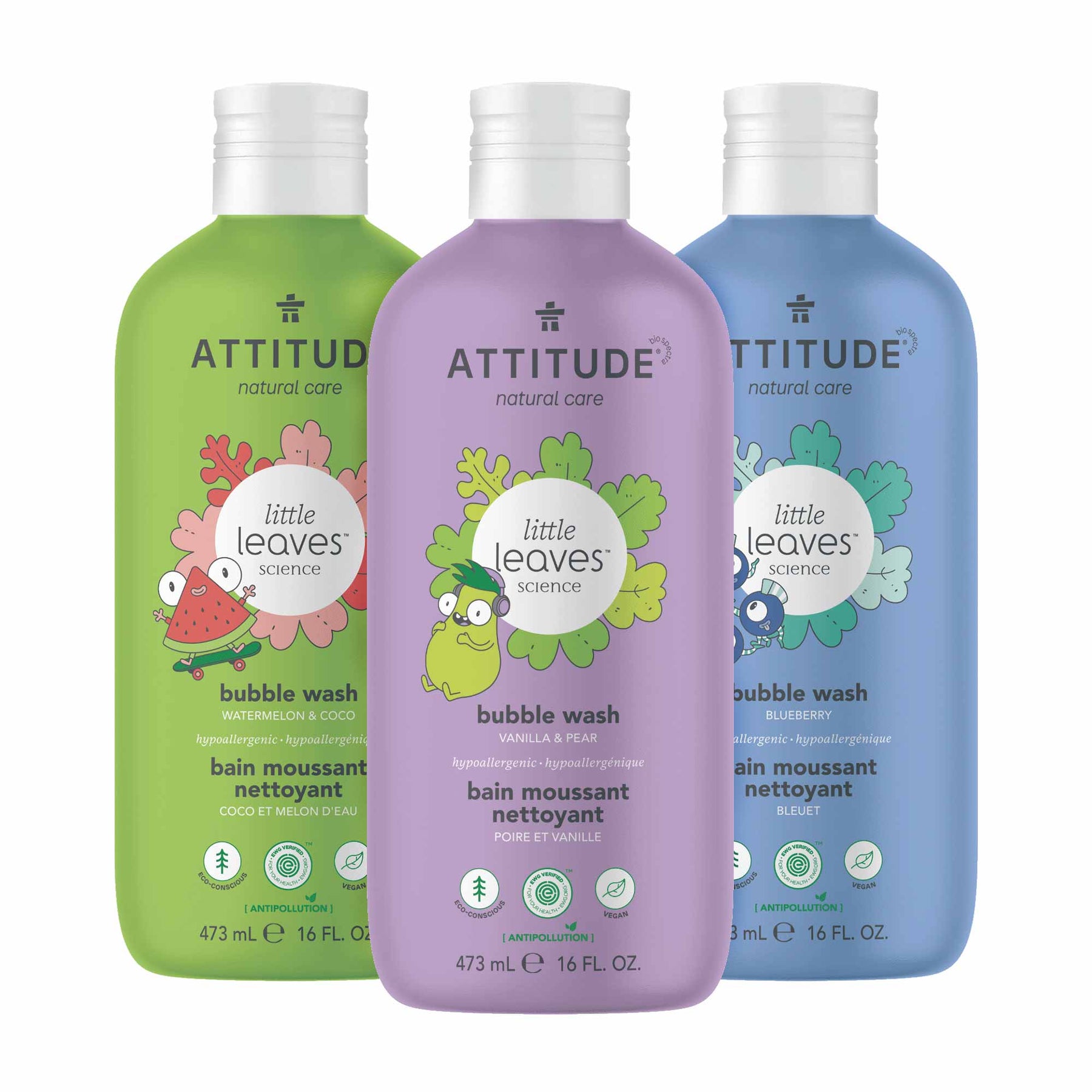 Kids Bubble Wash : LITTLE LEAVES™ - Watermelon and Coco + Vanilla and Pear + Blueberry / 3 units - ProCare Outlet by Attitude