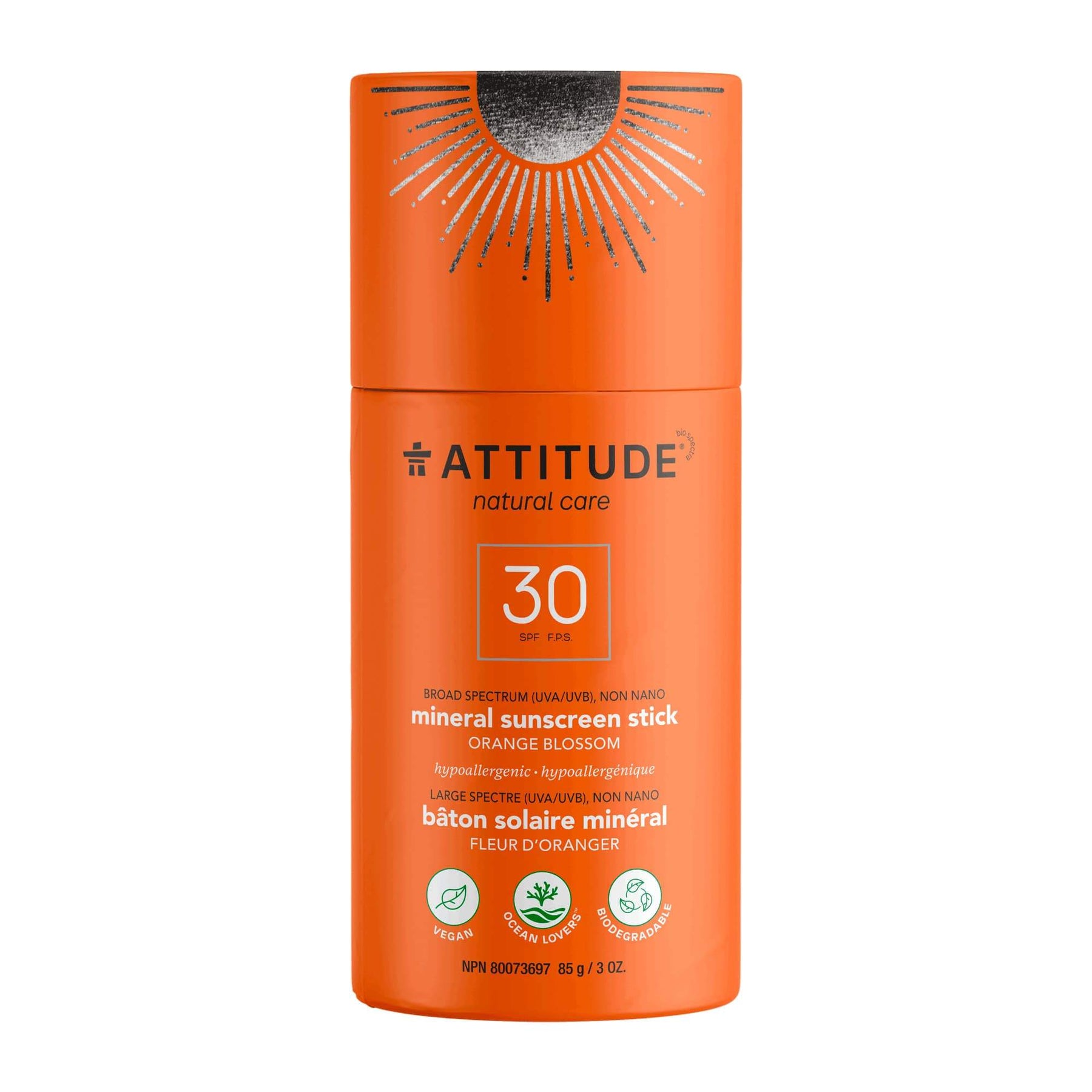 Plastic Free Mineral Sunscreen Stick : SPF 30 - Orange Blossom - by ATTITUDE |ProCare Outlet|